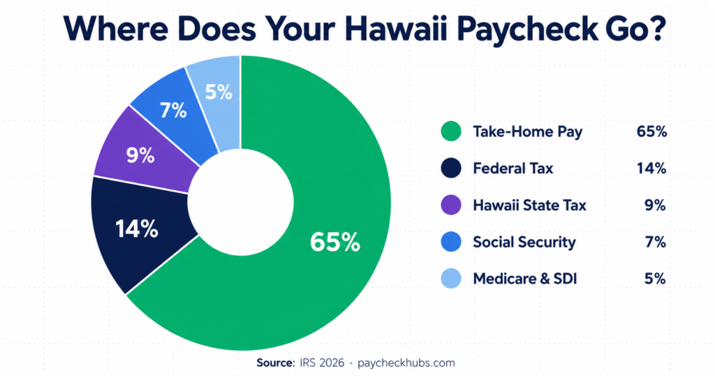 Hawaii paycheck breakdown 2026 — federal tax, Hawaii state tax, Social Security, Medicare, and take-home pay percentage chart based on 2026 IRS tax rates